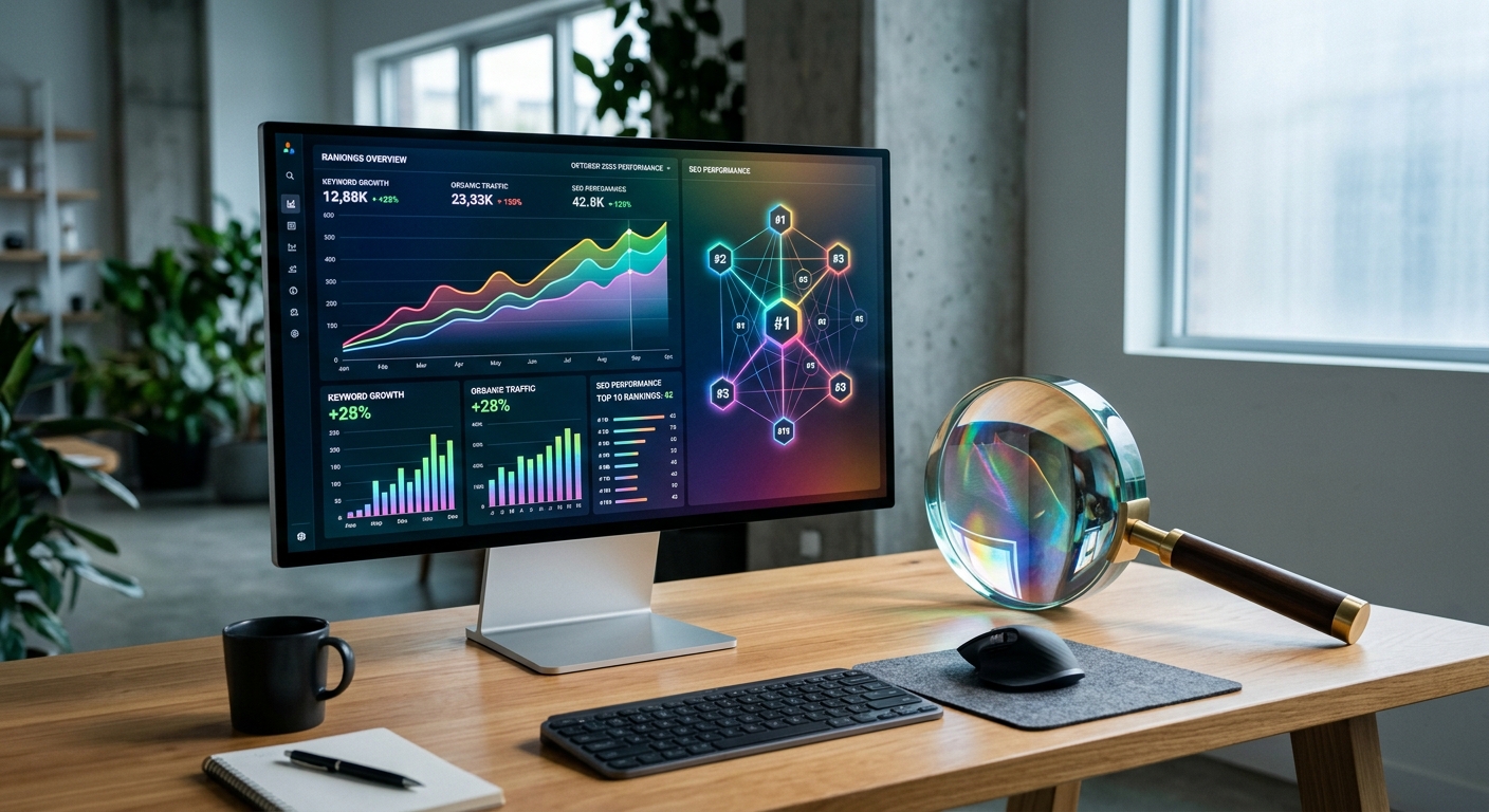 Tableau de bord SEO avec graphiques de croissance affiché sur un écran d'ordinateur à côté d'une loupe