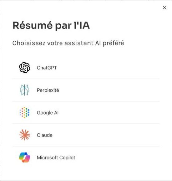 Menu de choix de l assistant IA : ChatGPT, Perplexity, Google AI, Claude, Copilot