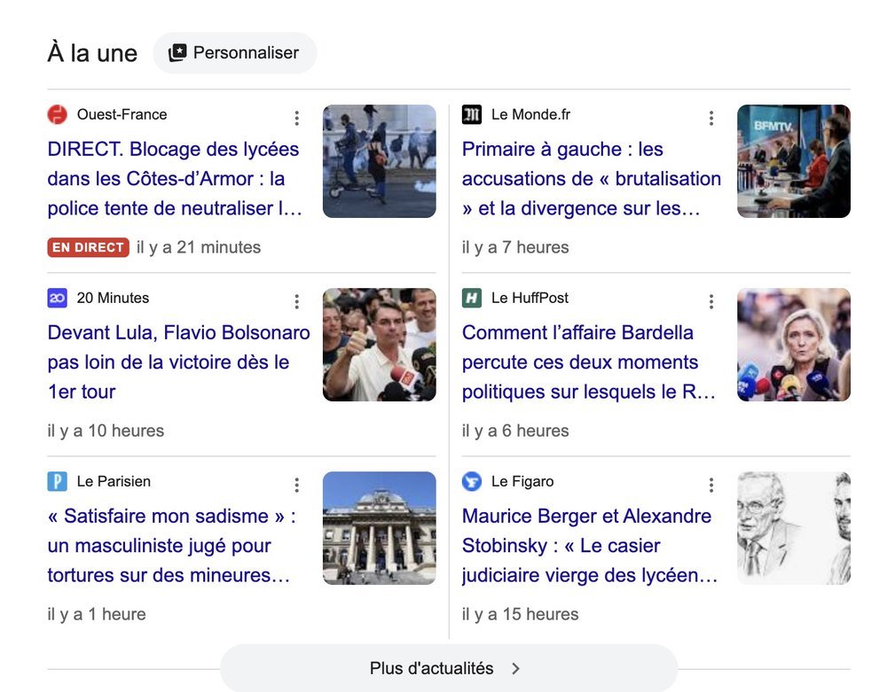 Bloc À la une de Google avec le bouton Personnaliser