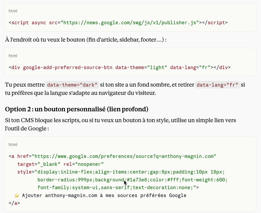 Code du bouton source préférée généré par Claude