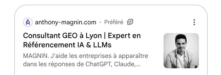 Résultat Google avec le badge Préféré sur anthony-magnin.com