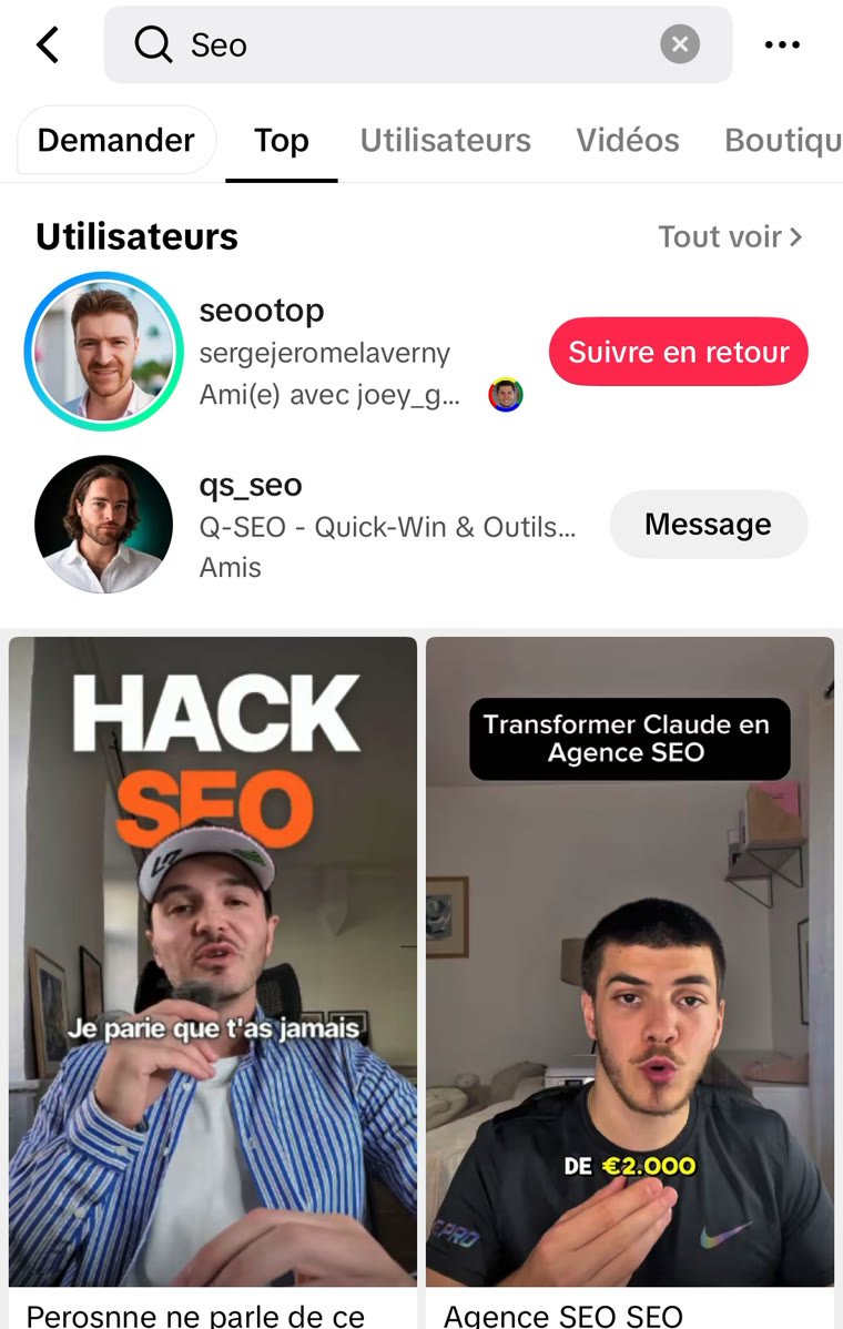 Résultats de recherche TikTok pour « seo » : onglets Top, Utilisateurs et Vidéos