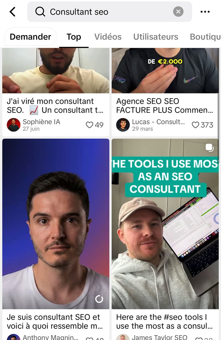 Recherche « consultant seo » sur TikTok, vidéo d'Anthony Magnin dans les résultats